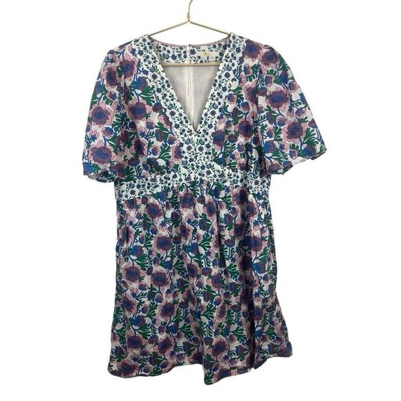 Boden Purple white Blue Green Floral Flit Flare Dress Size 16/18 - Picture 1 of 8